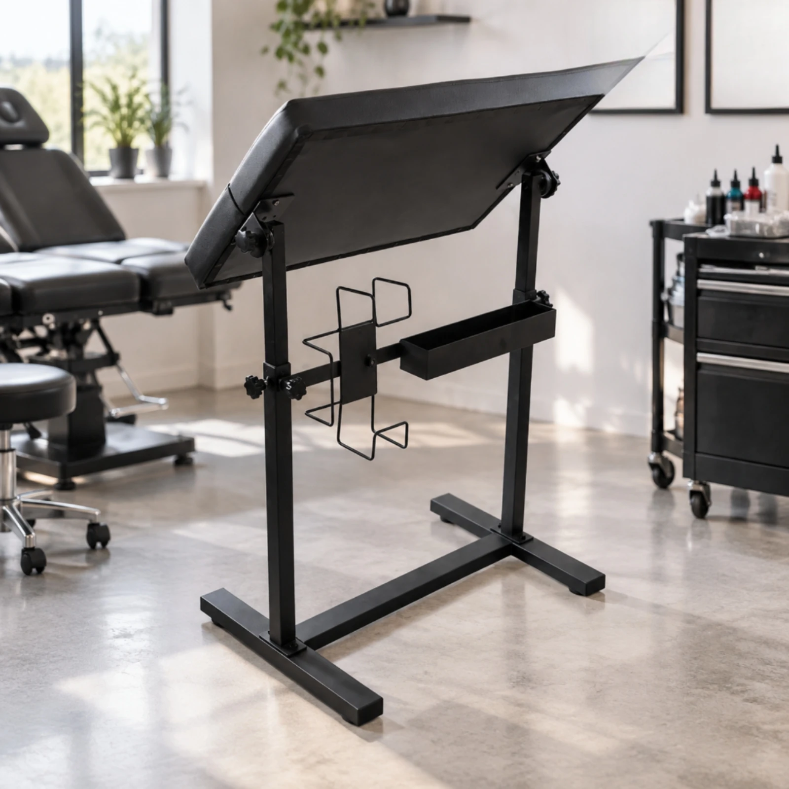 Tattoo Arm Rest Workstation with Storage Tray Stable Adjustable Tattoo Armrest with Wire Holder Thick Foam Wipeable