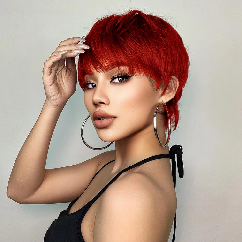 اللون الأحمر قصيرة عابث قطع شعر مستعار شعر طبيعي مفرود الباروكات مع الانفجارات قبل قطعها للنساء كامل آلة صنع قبعة شعر مستعار برازيلي