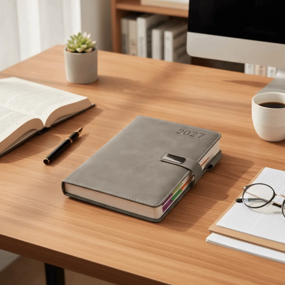 PU Leather Cover 2027 Schedule Planner Notepad A5 Wear-resistant Schedule Journal with Bookmark and Pen Loop Thick Paper