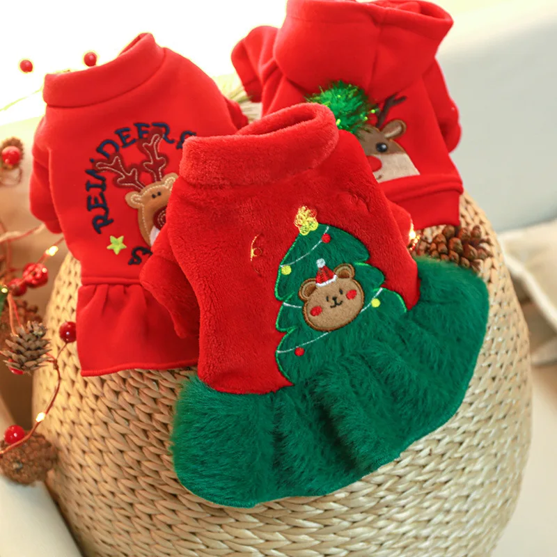 

Christmas Christmas Tree Bear Skirt Cute Dog Cat Clothes Winter New Year Party Cute Red Dress Splicing Thickened Warm Dress 2025