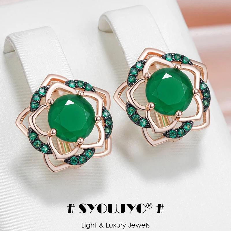 SYOUJYO Green Flower Natural Zircon Earrings For Women 585 Rose Gold Color Skeleton Luxury Party Jewelry