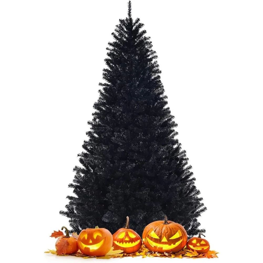 7.5FT Black Christmas Tree with Sturdy Metal Stand Unlit Halloween Tree with 1258 Branch Tips PVC Needles