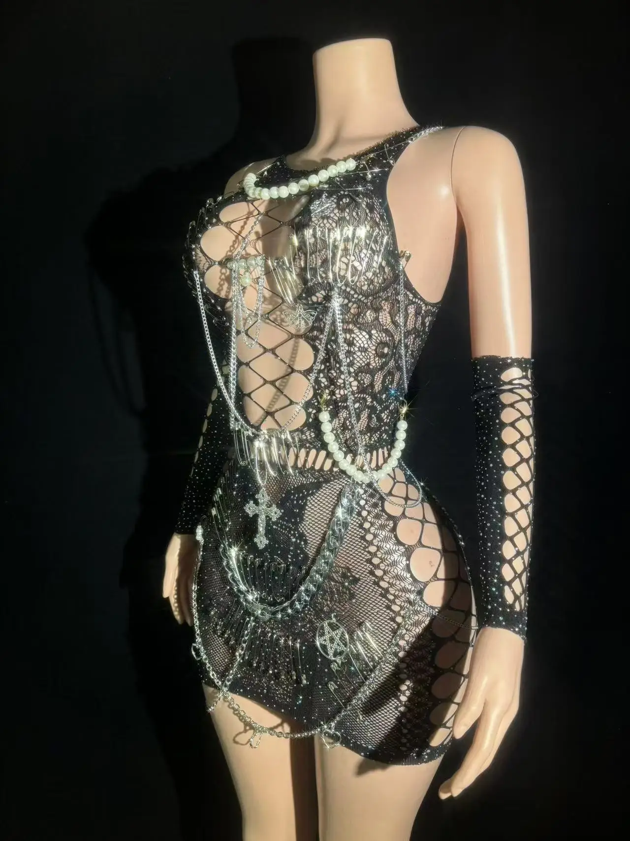 Women Sparkling Metal Chain Sleeveless Cut Out Bodycon Bodysuit Celebrity Nightclub Bar Party Stage Performance Photoshoot Dress