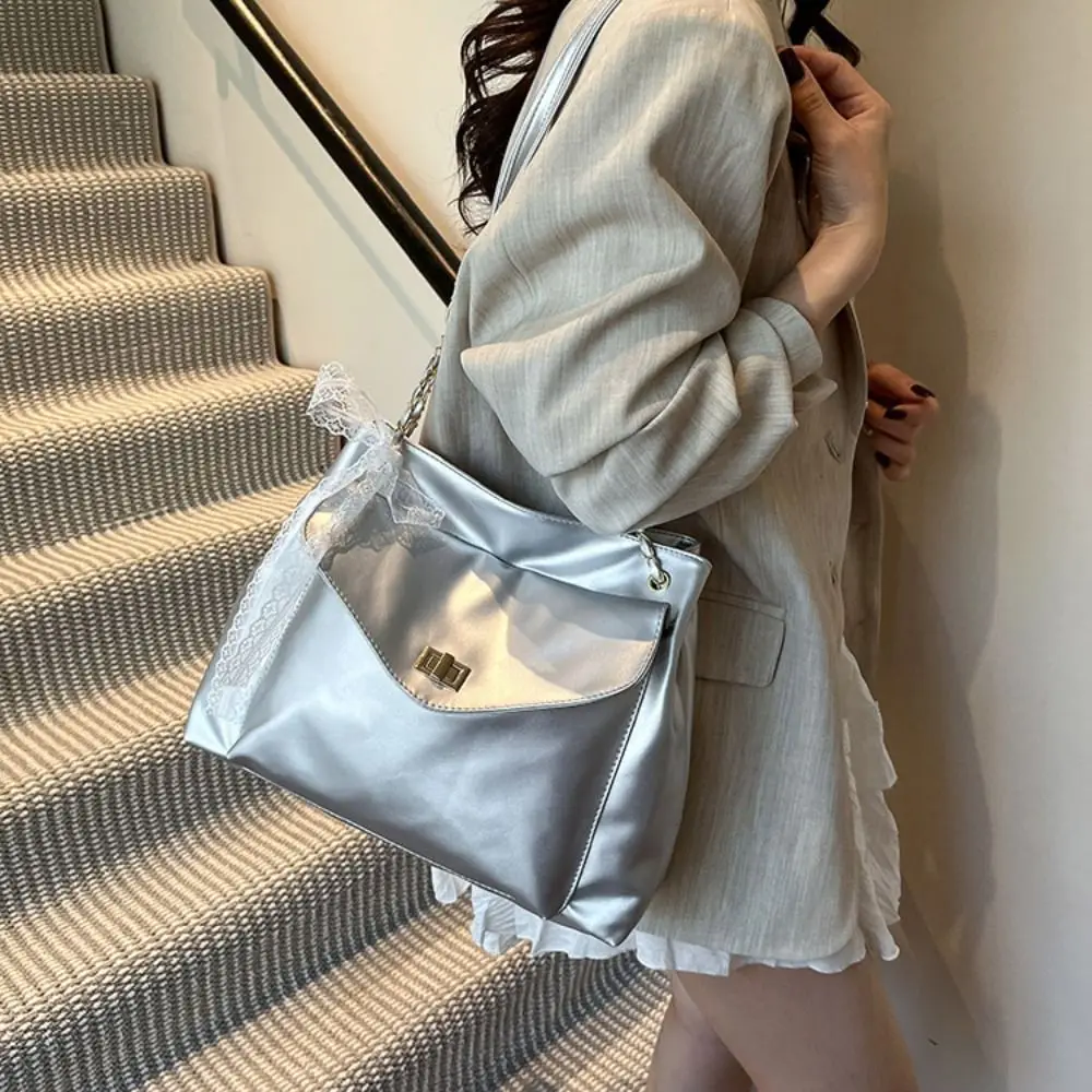 

with Ribbon PU Shoulder Bag Large Capacity Solid Color Solid Color Shoulder Bag Handbag Korean Style Retro Crossbody Bag
