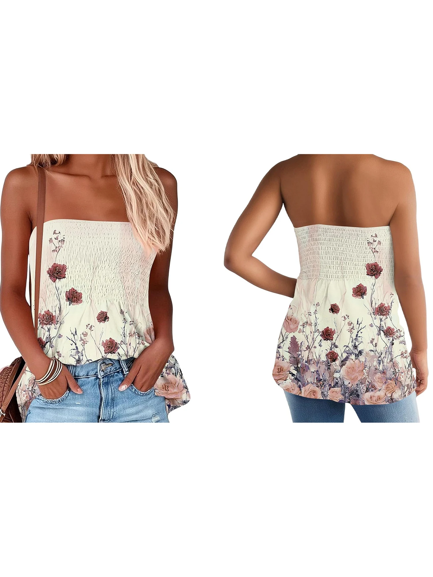 

Women s Off-Shoulder Ruffle Crop Tops Boho Floral Print Bandeau Blouses Flowy Hem Strapless Shirts Summer Fashion