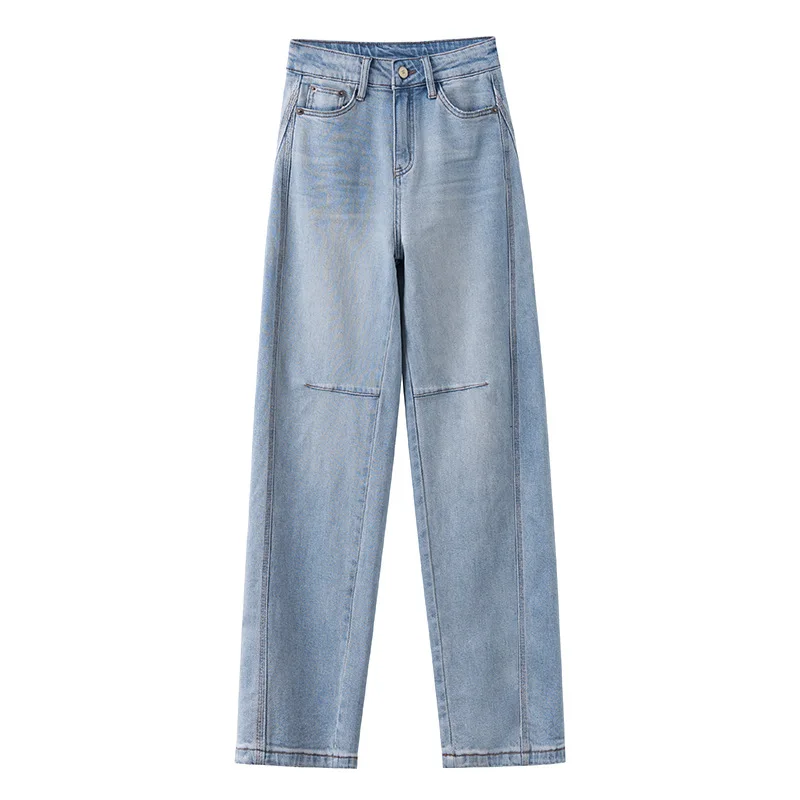 سروال Scimitar من قماش الدنيم باللون الأزرق الفاتح للنساء، سروال منجل مستقيم عالي الخصر للتخسيس متعدد الاستخدامات لفصل الربيع والخريف