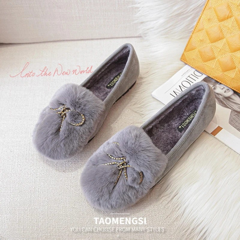 Women's plush shoes with bow, soft-soled loafers, plush-lined women's shoes with thick soles