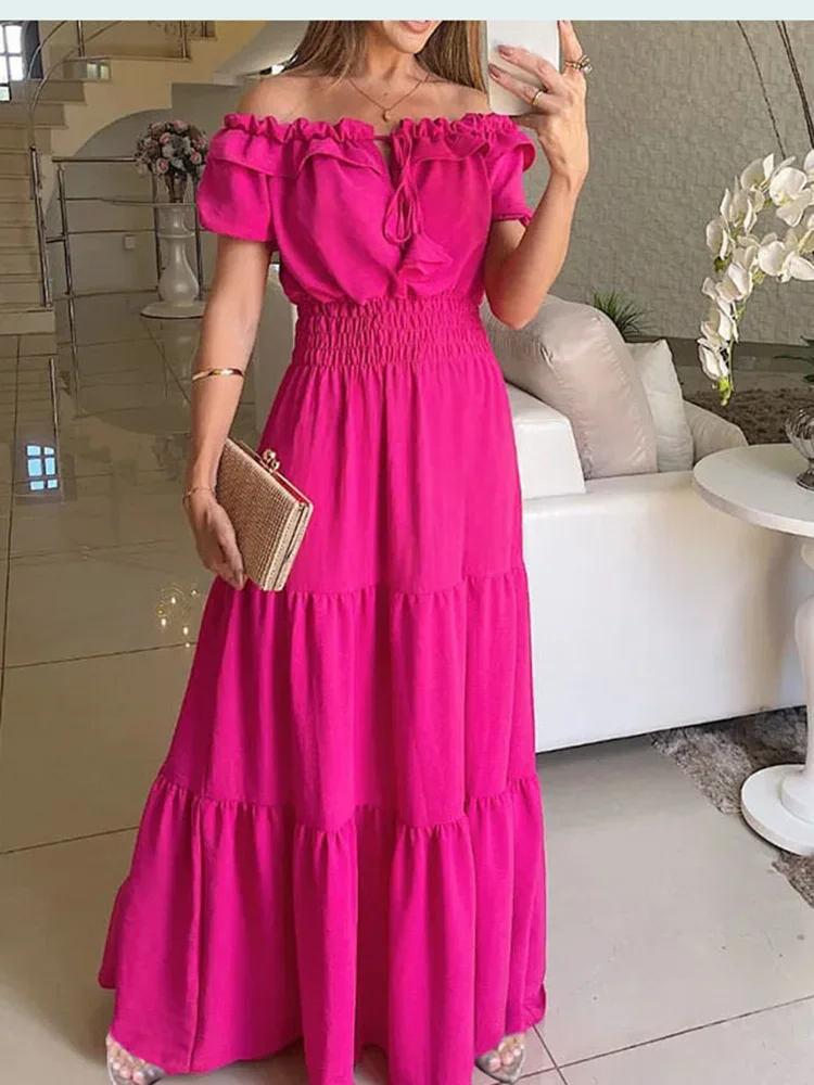 Summer Solid Boho Dress Women Fashion Elegant Beach Party Dress Casual Slash Neck Office Maxi Dresses For Woman Robe Femme