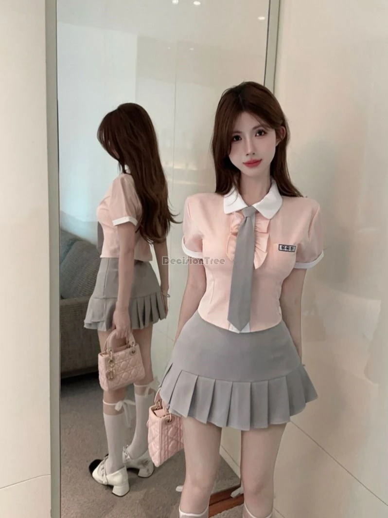 Damski zestaw w stylu mundurka szkolnego koreańskiego JK na rok 2025, letni, różowy, koszulka z krótkim rękawem, spódnica plisowana do połowy łydki, dwuczęściowy zestaw JK.