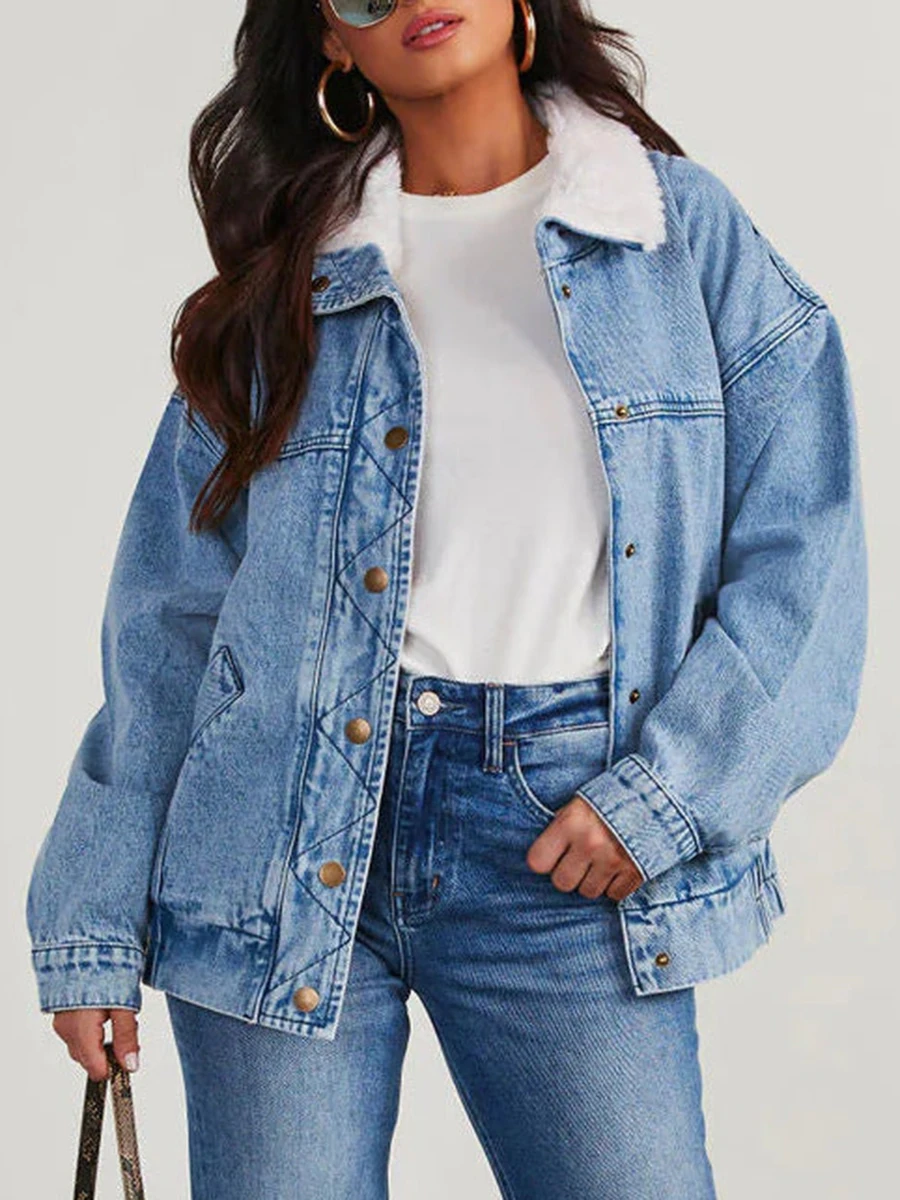 Women s Denim Jacket with Fleece Collar Casual Long Sleeve Button Down Boyfriend Jean Jacket Biker Coat