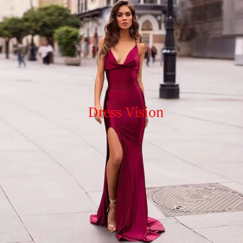 

Vestido Simple Satin V-neck Spaghetti Straps Prom Dresses Sexy High Slit Evening Party Dress Vestidos De Fiesta