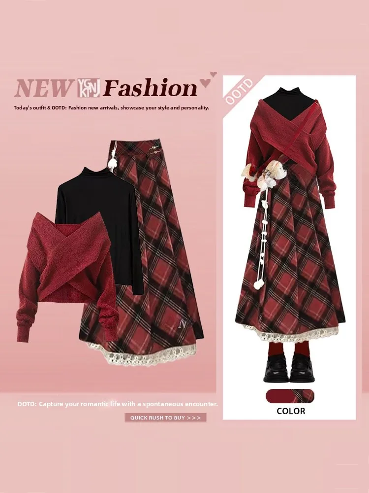 

Faionable High-End oulder-Open Sweater Women's Cheered Skirt Tee-Piece Set Spring Season Retro Ensemble