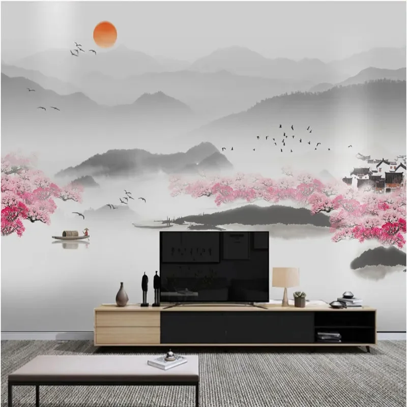 Chinese Ink Painting Photo Wall Paper Jiangnan Spring Peach Blossom River Landscape Mural Wallpapers for Living Room Walls 3D