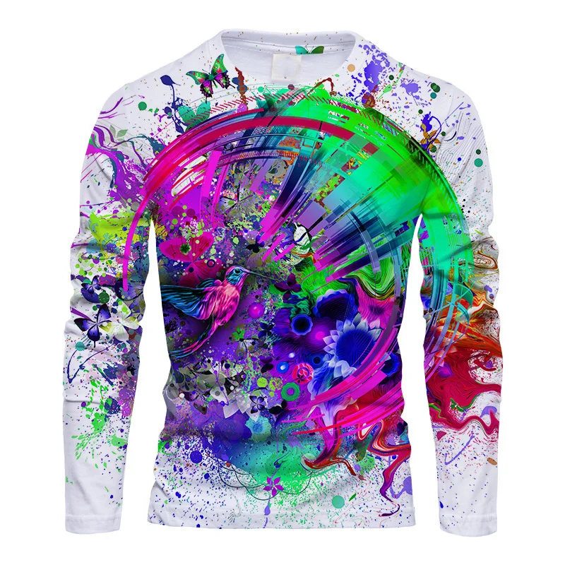 Colorful Graffiti Pattern T-Shirt For Men Fashion Bird 3D Printed T Shirts Autumn Casual Long Sleeves Loose O-Neck Tops Tees