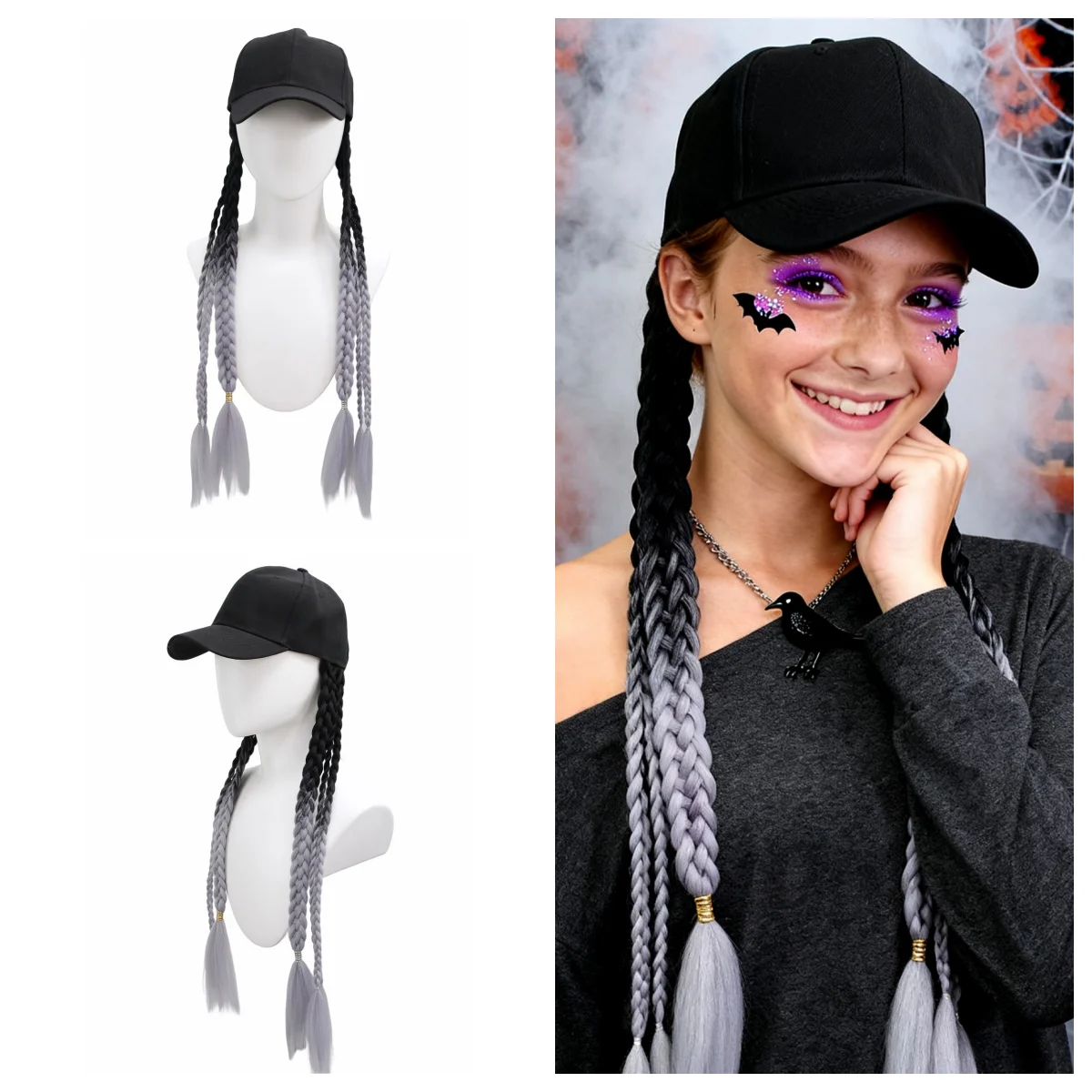 Halloween Black-Gray Gradient Hat Wig, Gourd Braid Baseball Cap, Lantern Braid Hat, One-piece Detachable Wig Hat