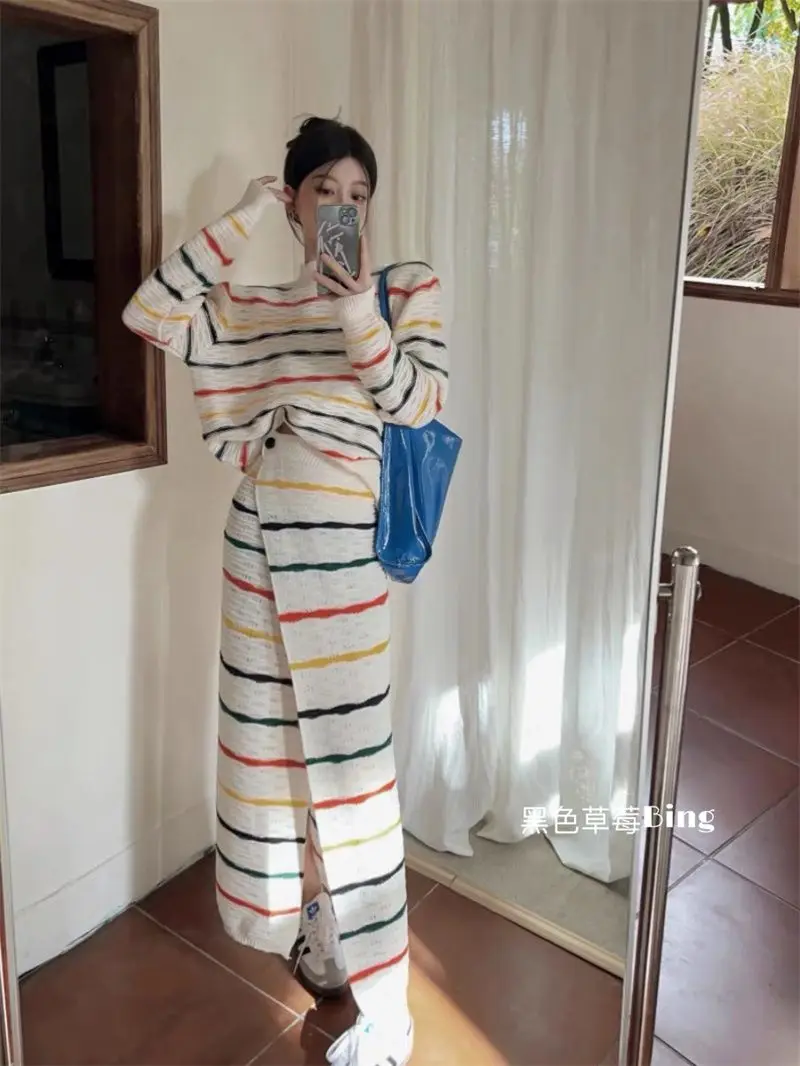 Shpmishal Korean Fashion Autumn Rainbow Stripe Contrast Loose Knitted Shirt Top Half Skirt Luxury Two Piece Set Female Clothing