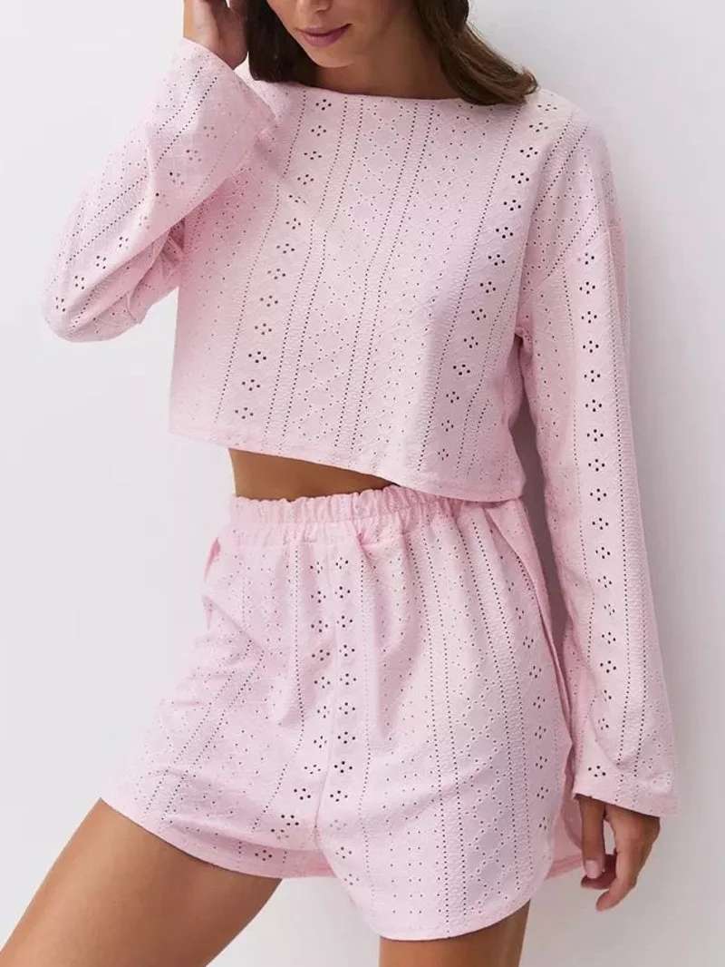 

2025 женские повседневные пижамные шорты, комплекты Casaul, модные простые свободные пуловеры с длинными рукавами, комплекты с шортами, очаровательные R3QI