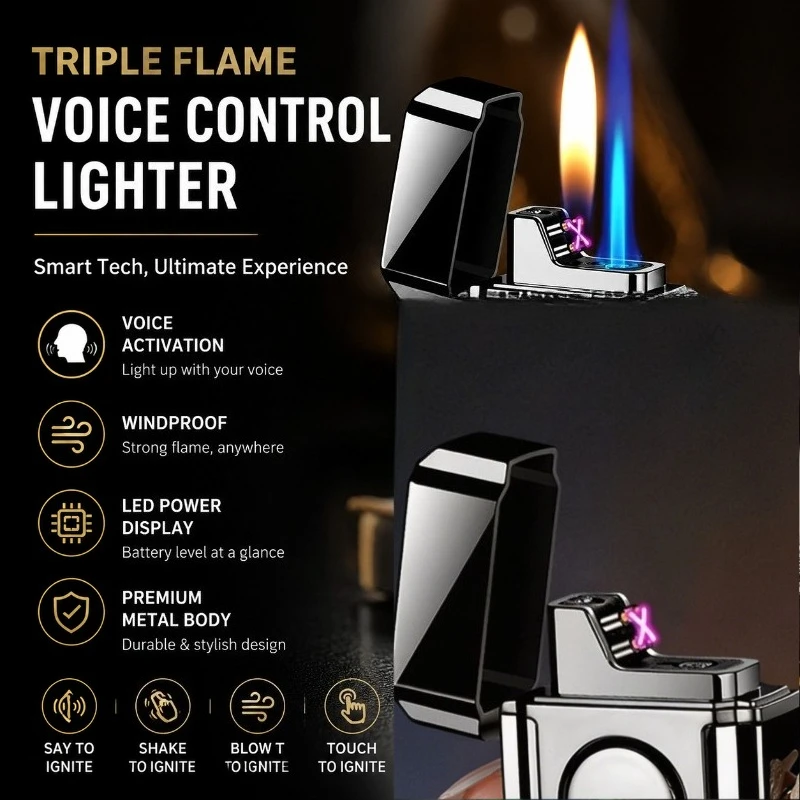 Intelligent Voice Control 3 Flame Butane Gas Lighter Creative Open Flame And Jet Blue Flame Dual Arc Pulse USB Electric Lighters