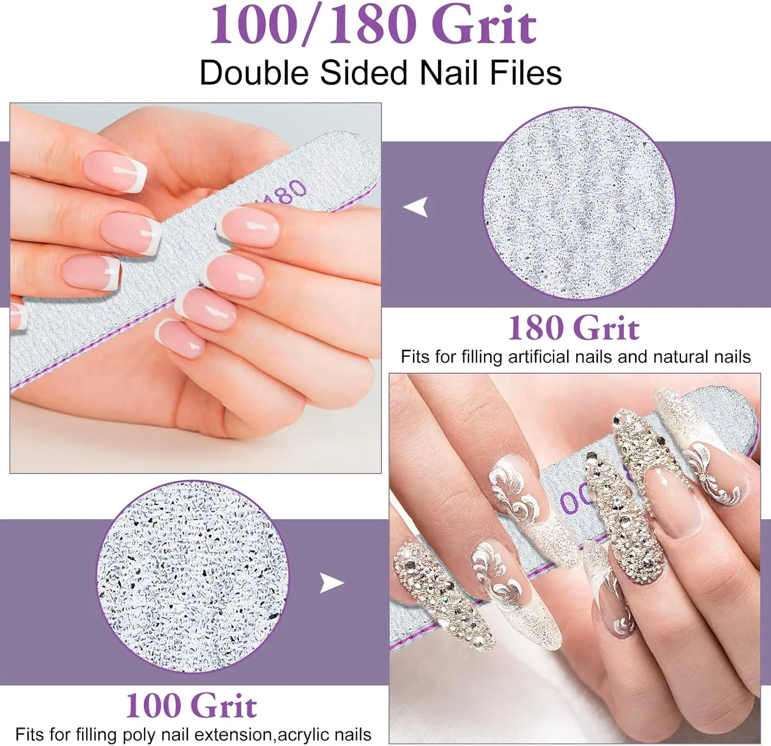 10pcs Nail Files 100/180 Grit Double Sides Emery Boards Reusable Nail Files for Acrylic Nails Professional Manicure Tools