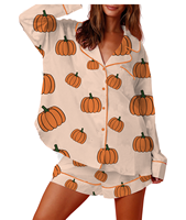 Women Halloween Pajamas Lounge Set Pumpkin/Skull Print Long Sleeve Tops and Shorts 2 Piece Loungewear Outfits