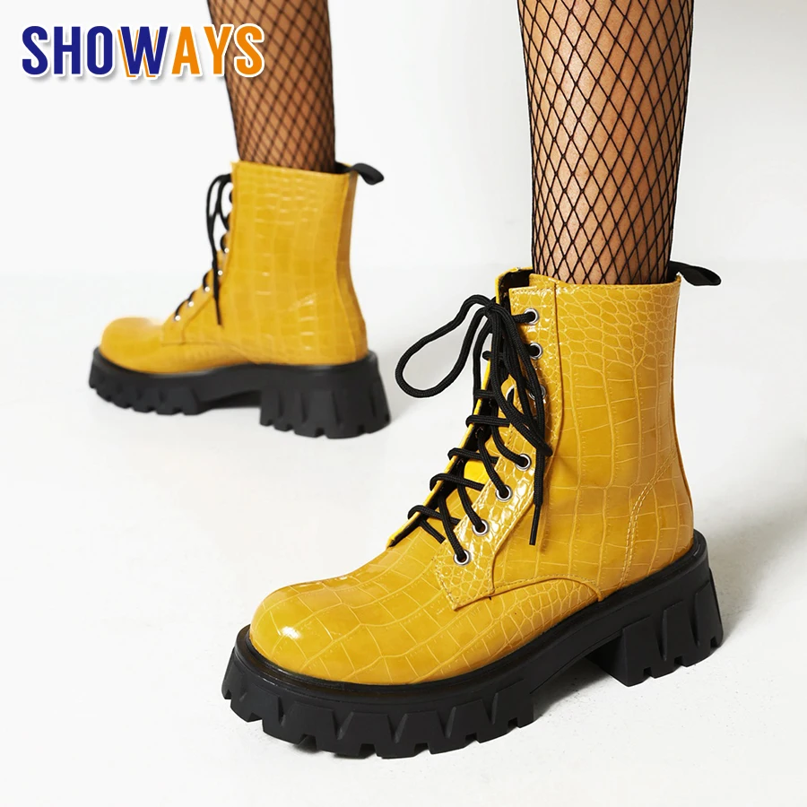 British Women Platform Ankle Boots High Thick Heels Yellow Faux Crocodile Leather Round Toe Lady Dress Party Lace-up Short Boots