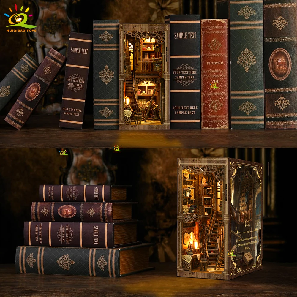 HUIQIBAO DIY Retro Bookstore Bookshelf Model 3D Wooden Puzzle Assemble Book Nook Shelf Miniature Building Kits Handmade Toys