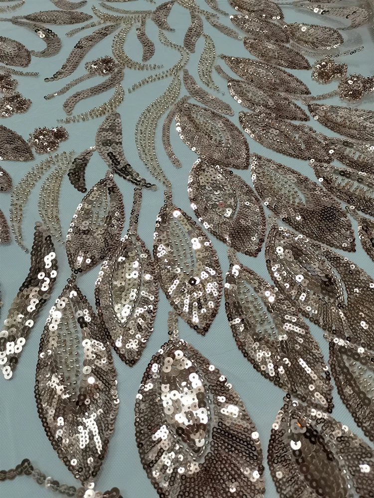 European And American Blue Lace Mesh Fabric Peahen Feather Sequins Beaded Embroidery Fabric Dress Clothing Wedding Dress Fabric