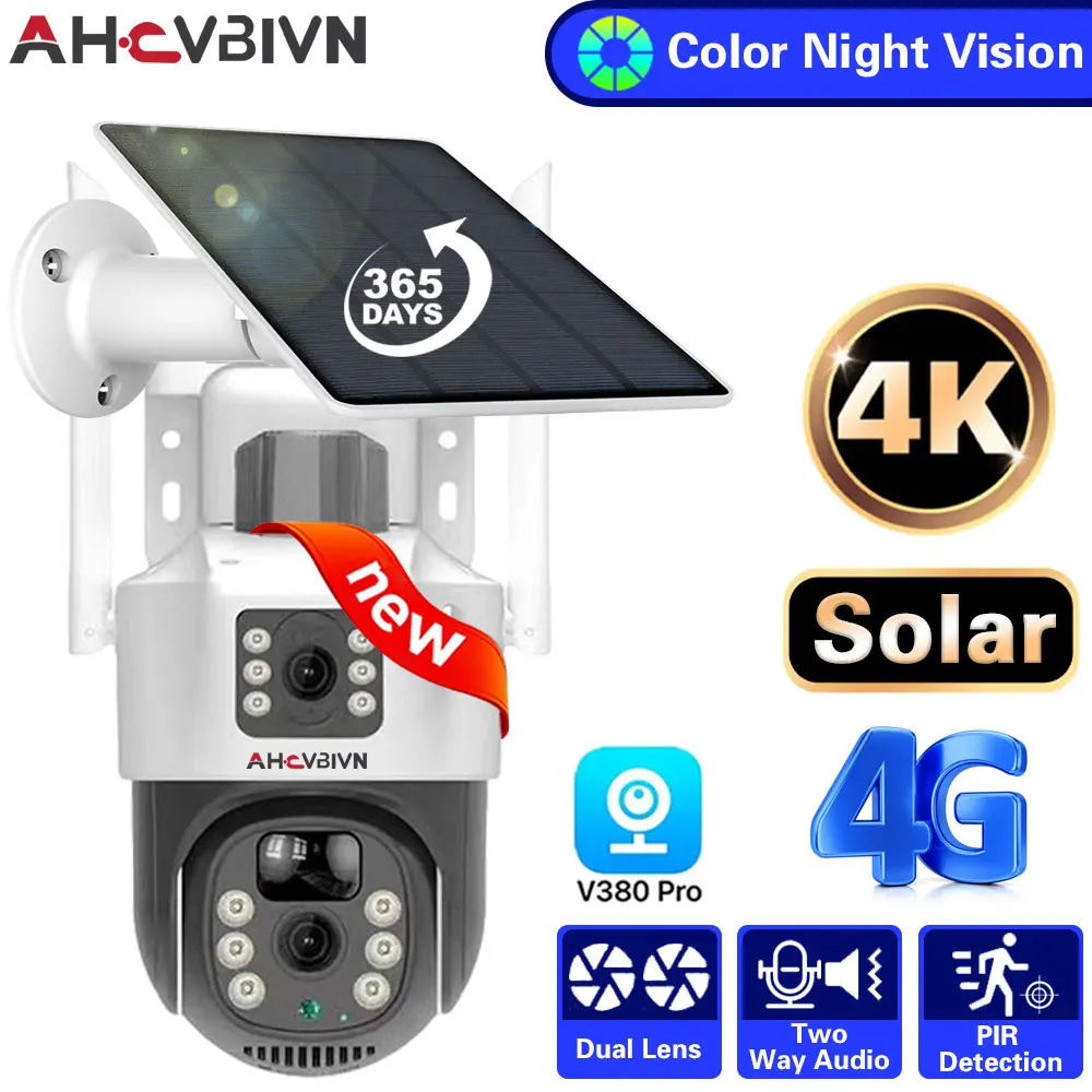 

4K 4G SIM Card Dual Lens Solar Cameras 8MP Wireless Surveillance PTZ Battery Camera Color Night Vision PIR Detection Audio V380