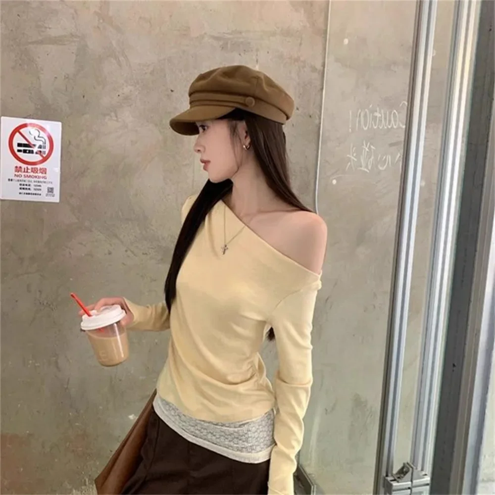 Желтые кружевные футболки, женские футболки из двух предметов с длинными рукавами, ранняя осень, модный дизайн, винтажная футболка из модала, женские топы