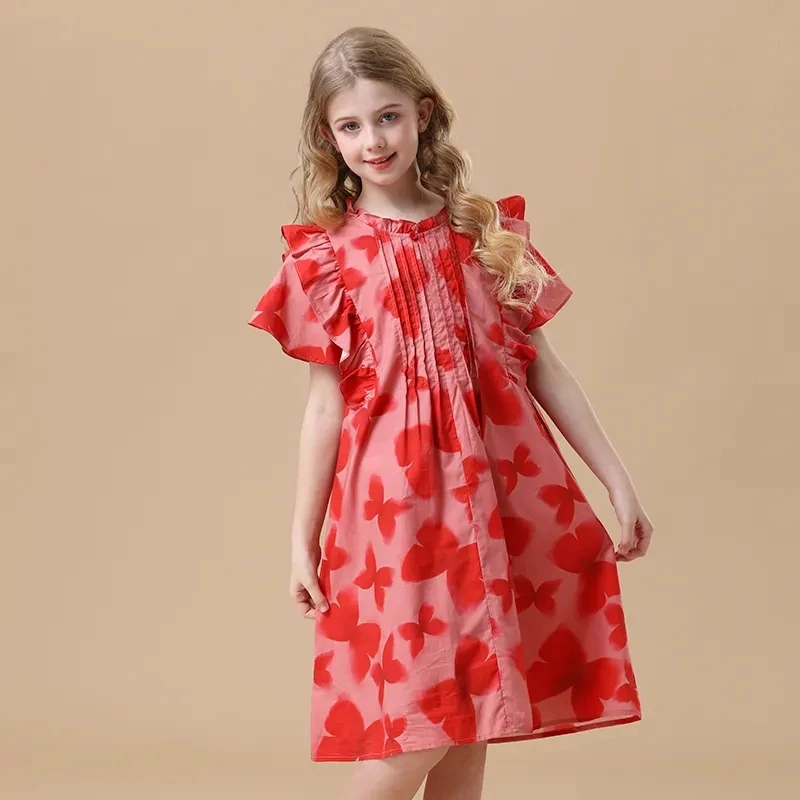 2024 Summer Kids Cotton Floral Dresses for Girls Cute Red Ruffles Princess Dress Children Outfits Clothing fits 4-12 Years