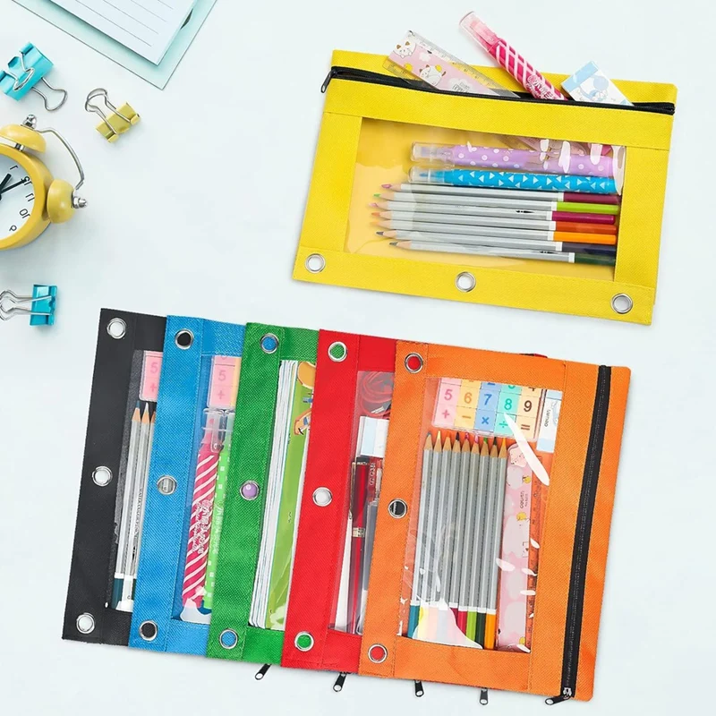 Pencil Pouch For 3 Ring Binders, 30 Bulk Pencil Pouches, 6 Different Colors, 3 Hole Zipper Pencil Pouch, Office Supplies