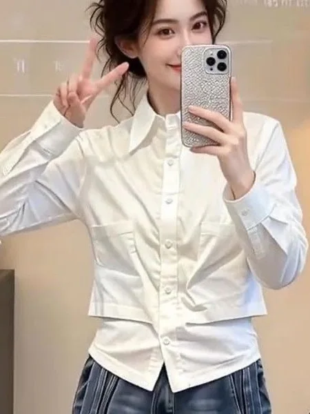 

Модная белая женская рубашка свободного кроя с длинным рукавом, воротником-стойкой, стройнящий топ, весна 2026, для повседневной носки, из полиэстера