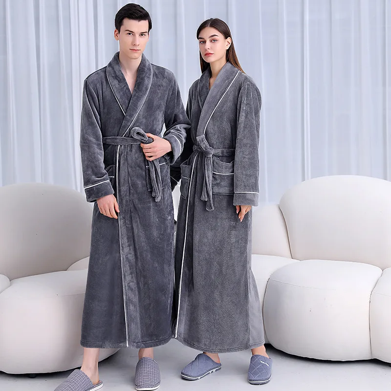 

Winter Flannel Long Couple Robe Sleepwear Thick Warm Coral Fleece Bathrobe Gown Nightwear Loose HomeWear Loungewear