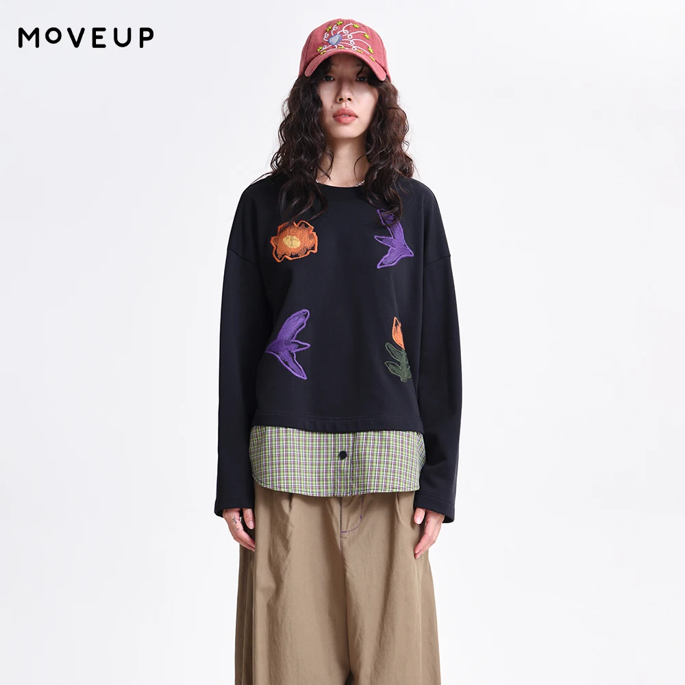 

MOVEUP Long Sleeved Round Neck Sweatshirt 2026 Spring New Fun Embroidered Color Blocking Plaid Casual Top For Women 3ELC11409