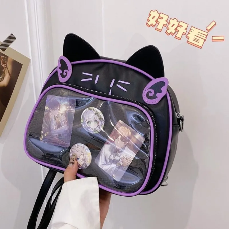 Y2K Bag Japanese Kawaii Cat Backpacks for Girls Sweet Cute Ear Design PU School Bag Popular Transparent Crossbody Bag Bolsa