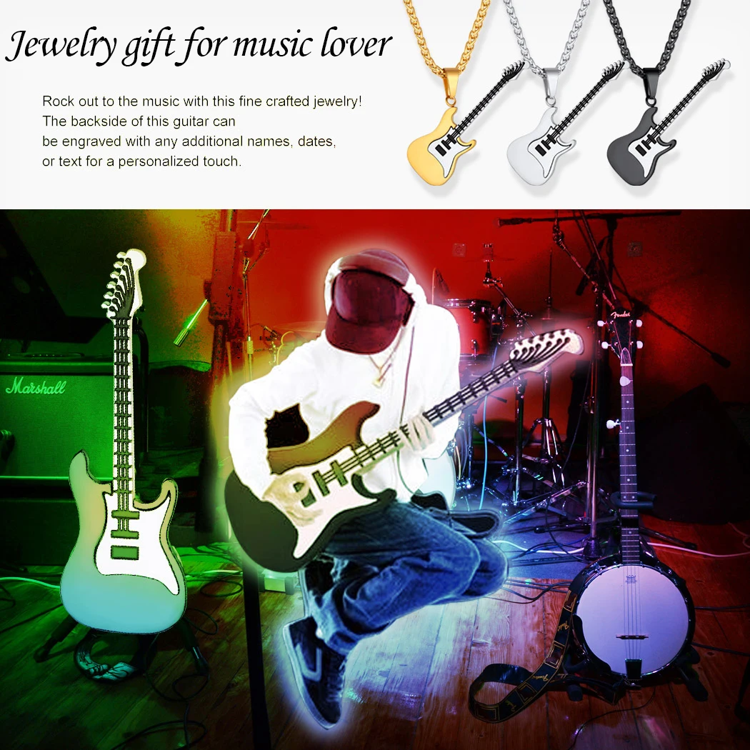 U7 ギターネックレス男性女性のための音楽愛好家へのギフトブラックゴールドカラーステンレス鋼ペンダントリンクチェーンヒップホップロックジュエリー