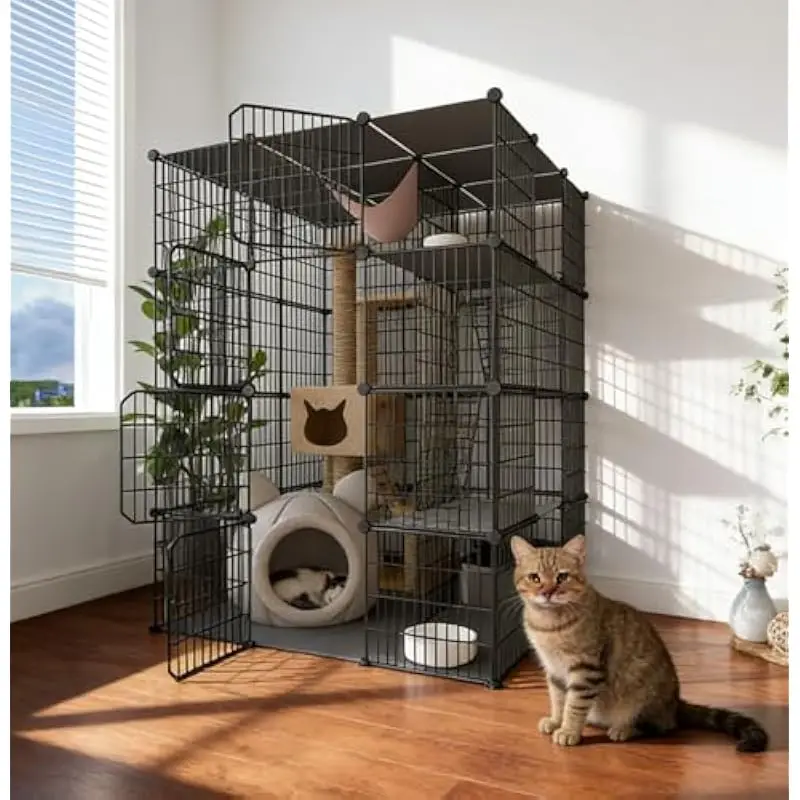 Large 4-Level Indoor Pet Enclosure with Modular Wire Panels, Adjustable Layout for Cats or Small Animals, Spacious 41x41x55 Inch