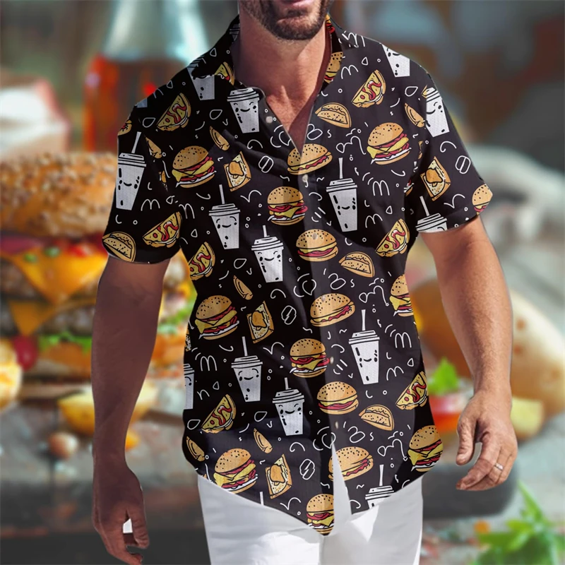 

Hamburger Fries Graphic Shirts For Men Clothes Fashion Fastfood Lapel Blouse Funny Food Aloha Beach Shirt Male Streetwear Tops