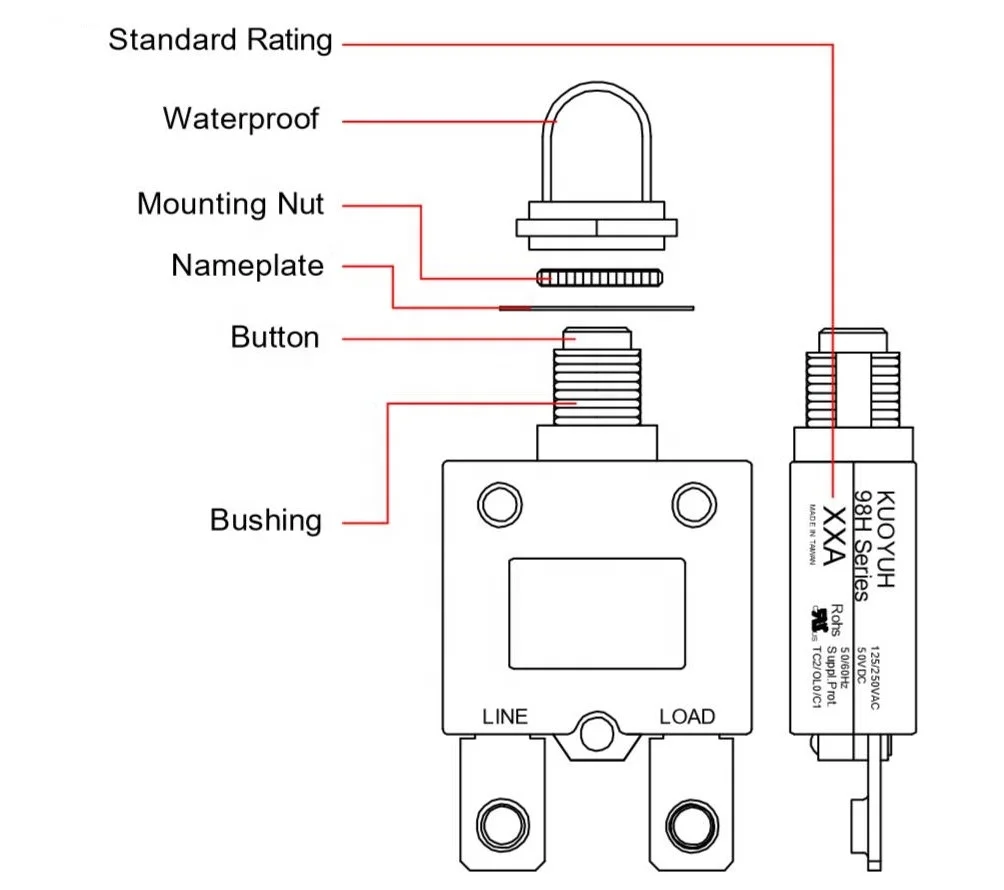 Kuoyuh 98H series 40A 50A 60A 70A 80A  manual reset thermal overload protector switch circuit breakers for generator