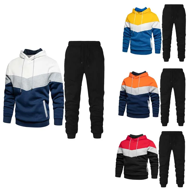 Men's sports suit fashionable casual autumn and winter splicing hooded sweatshirt long pants two-piece set