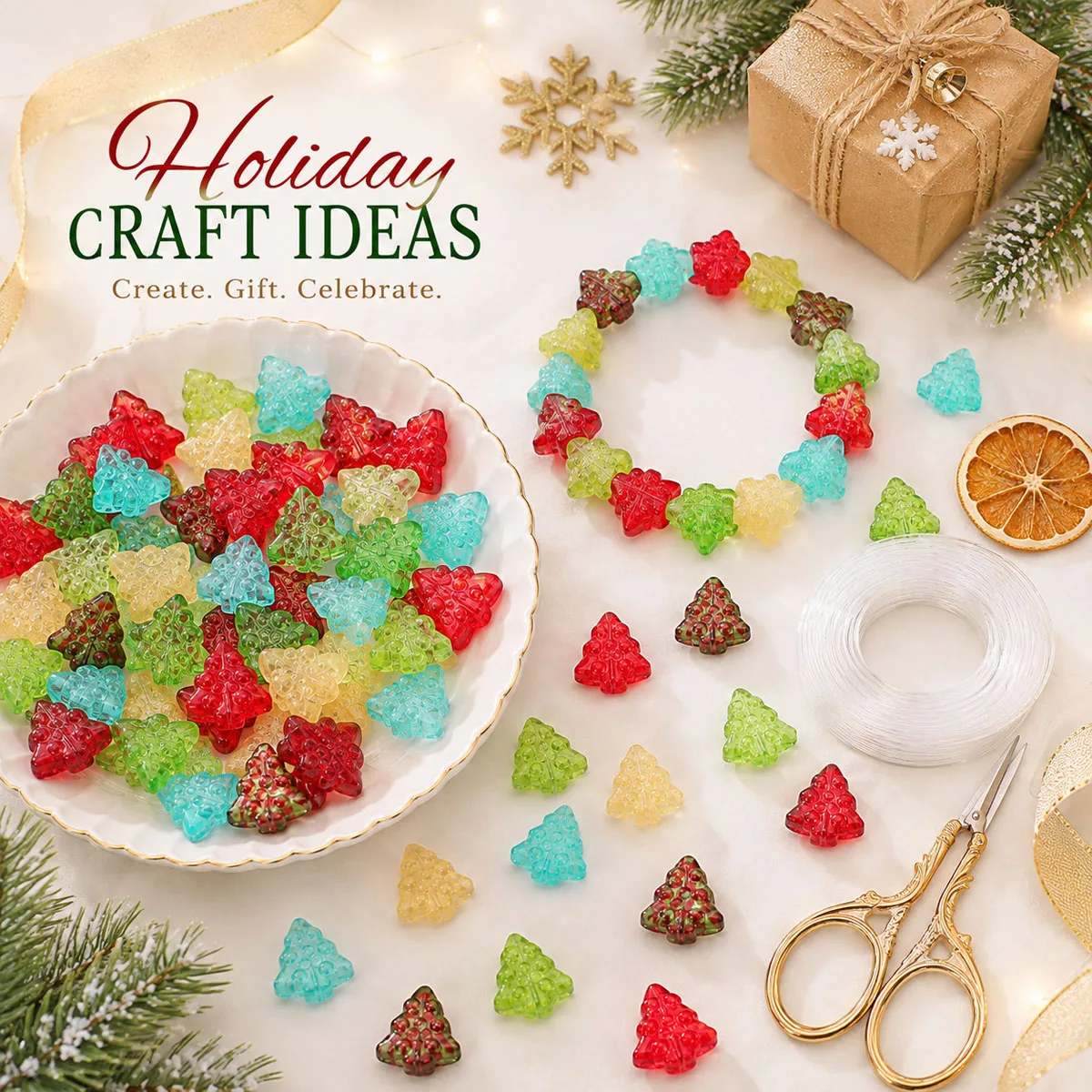 15mm 10pcs Multi‑Color Glitter Christmas Tree Shaped Glass Beads Sparkly Loose Beads for DIY Bracelet Necklace Jewelry Marking
