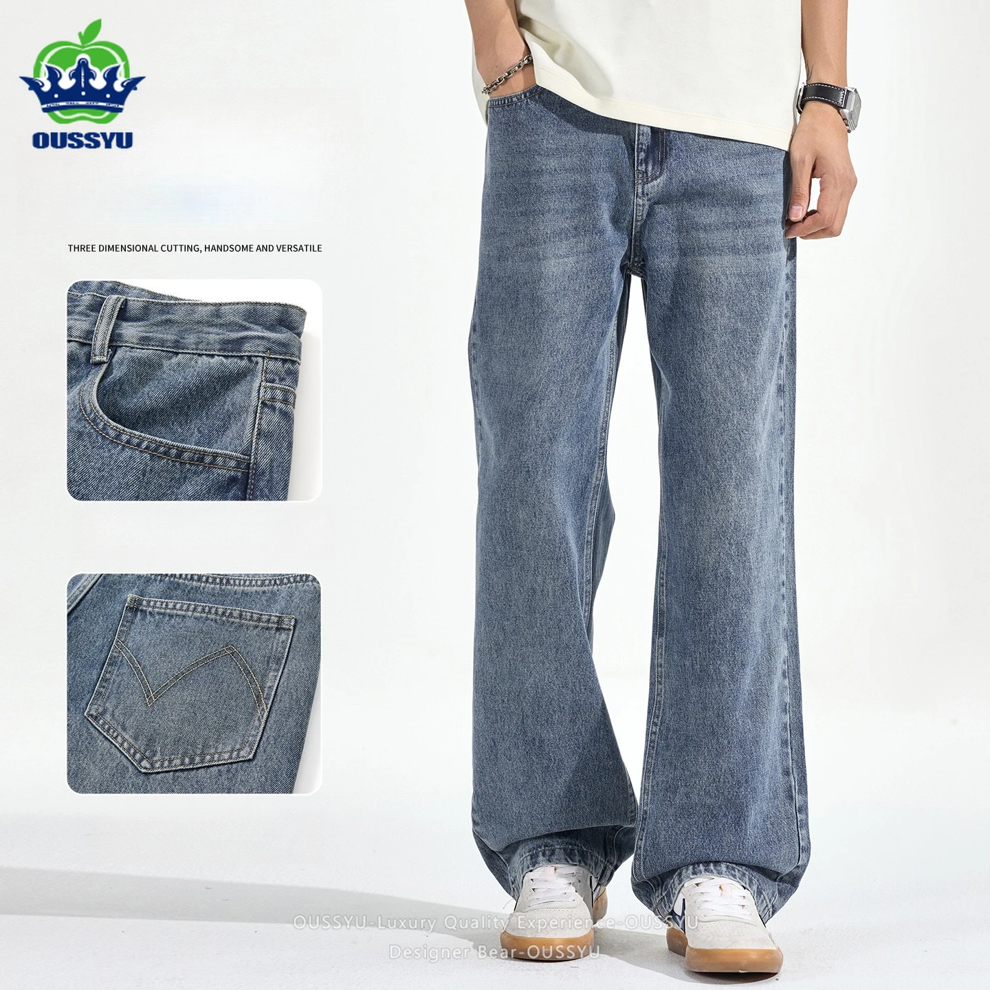 OUSSYU Brand Clothing Classic Men's Baggy Straight Jeans American Style Cotton Versatile Denim Pants Twill Work Trousers Male