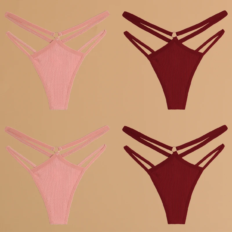 FINETOO 4 Stück Baumwolle Doppel Dünne Gürtel Unterwäsche für Frauen Sexy Niedrige Taille Gestreifte Tangas Damen Soild Höschen Atmungsaktive Dessous
