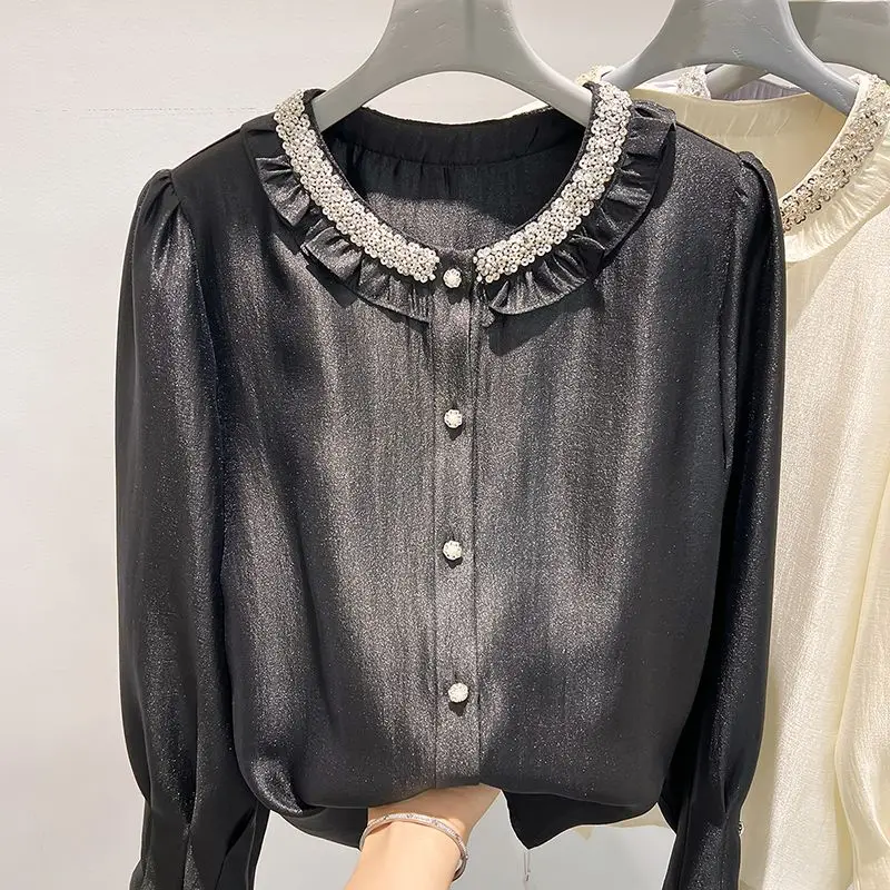 2025 novo estilo elegante em torno do pescoço lantejoulas miçangas single-breasted camisa de chiffon de manga comprida