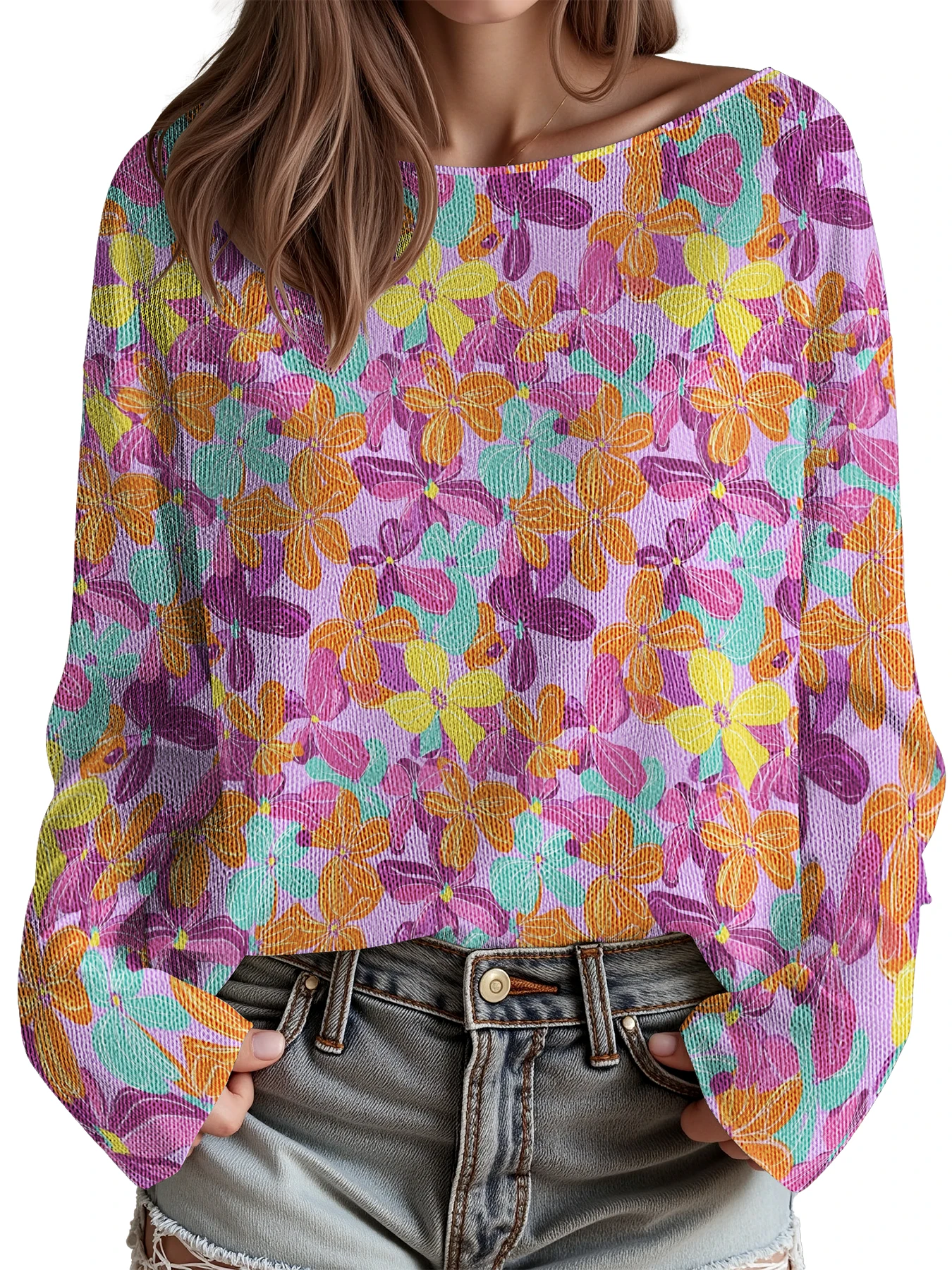 

Повседневные вязаные свитера с цветочным принтом для женщин, пуловер с круглым вырезом, свободный свитер с длинными рукавами, модные уличные джемперы, топы