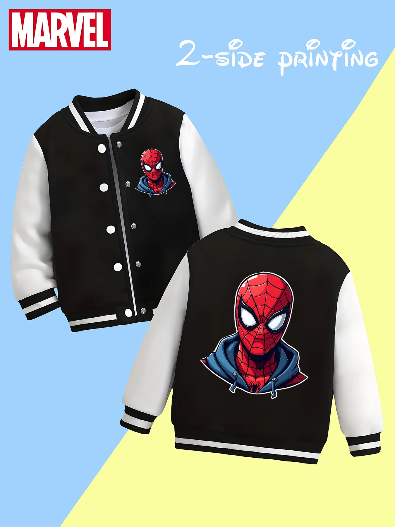 

MINISO Marvel Boys' Baseball Jacket - Spider-Man Head Print, Double-Sided Pattern, Comfortable Fabric, Black and White, Trendy