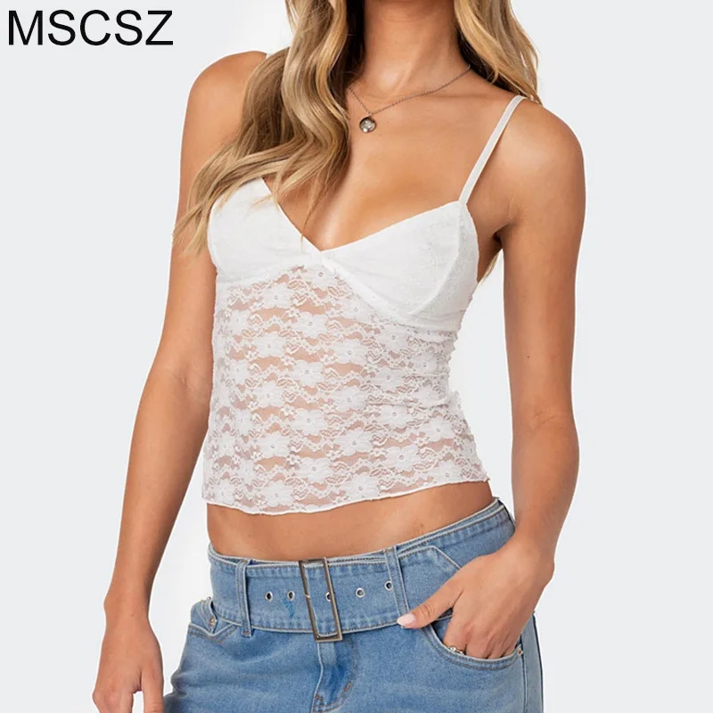 

MSCSZ White Lace Top Spaghetti Strap Backless Cami Tops For Women Sexy Sheer Summer Crop Tops Women 2025