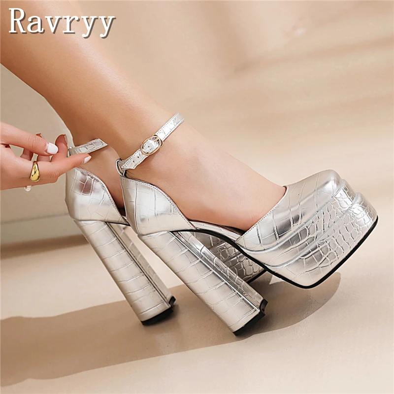 Square Toe Crocodile Embossed Platform Heels Women's New Fashion Thick High Heel Ankle Strap Pumps for Party & Club