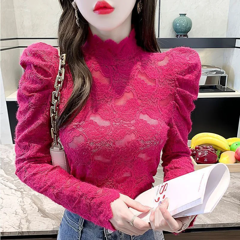 Blusa de cuello alto con pliegues y volantes para mujer, ropa de encaje ahuecada, jerséis informales de manga abullonada, camisa coreana elegante,