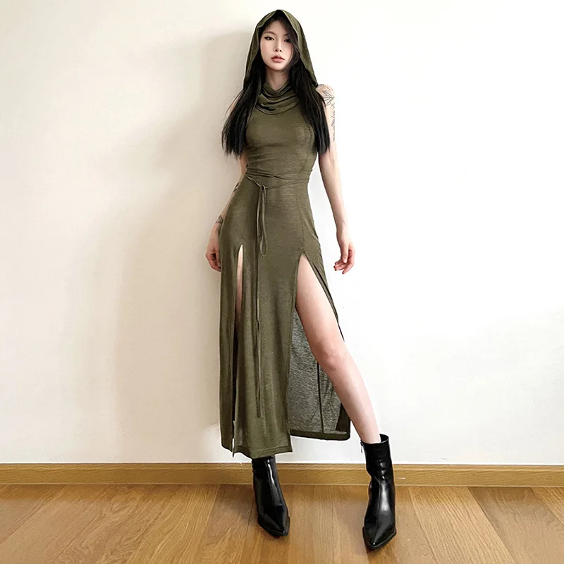 Goth Dark Cyber Gothic Desert Walker Hooded Dresses Y2k Punk Grunge Hollow Out Midi Dress Women Sexy Split Side Solid Streetwear